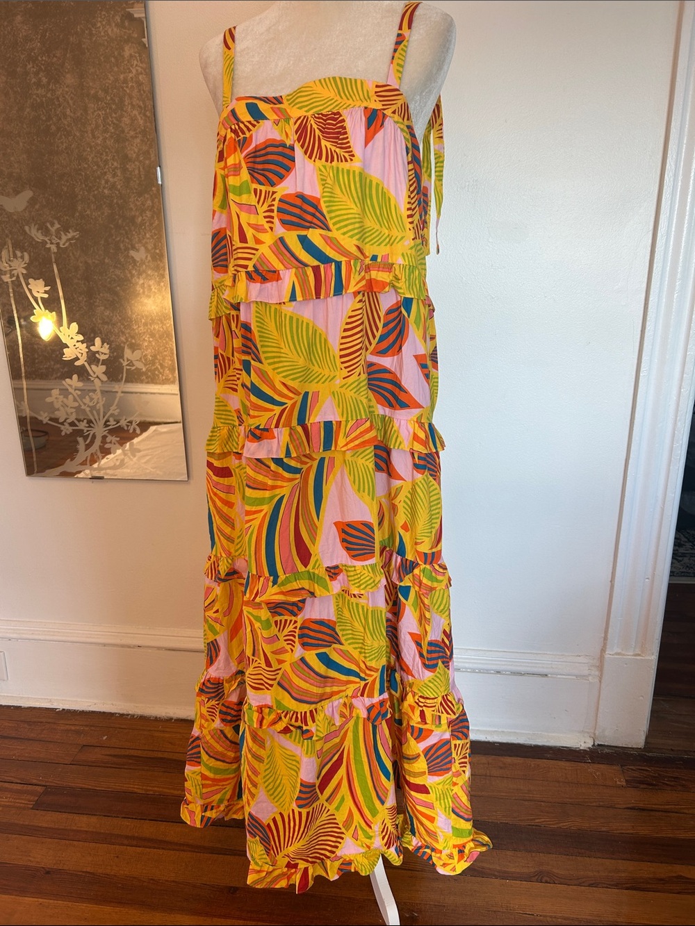 Bright Tropical Leaf Print women’s Sundress - Yellow & Pink